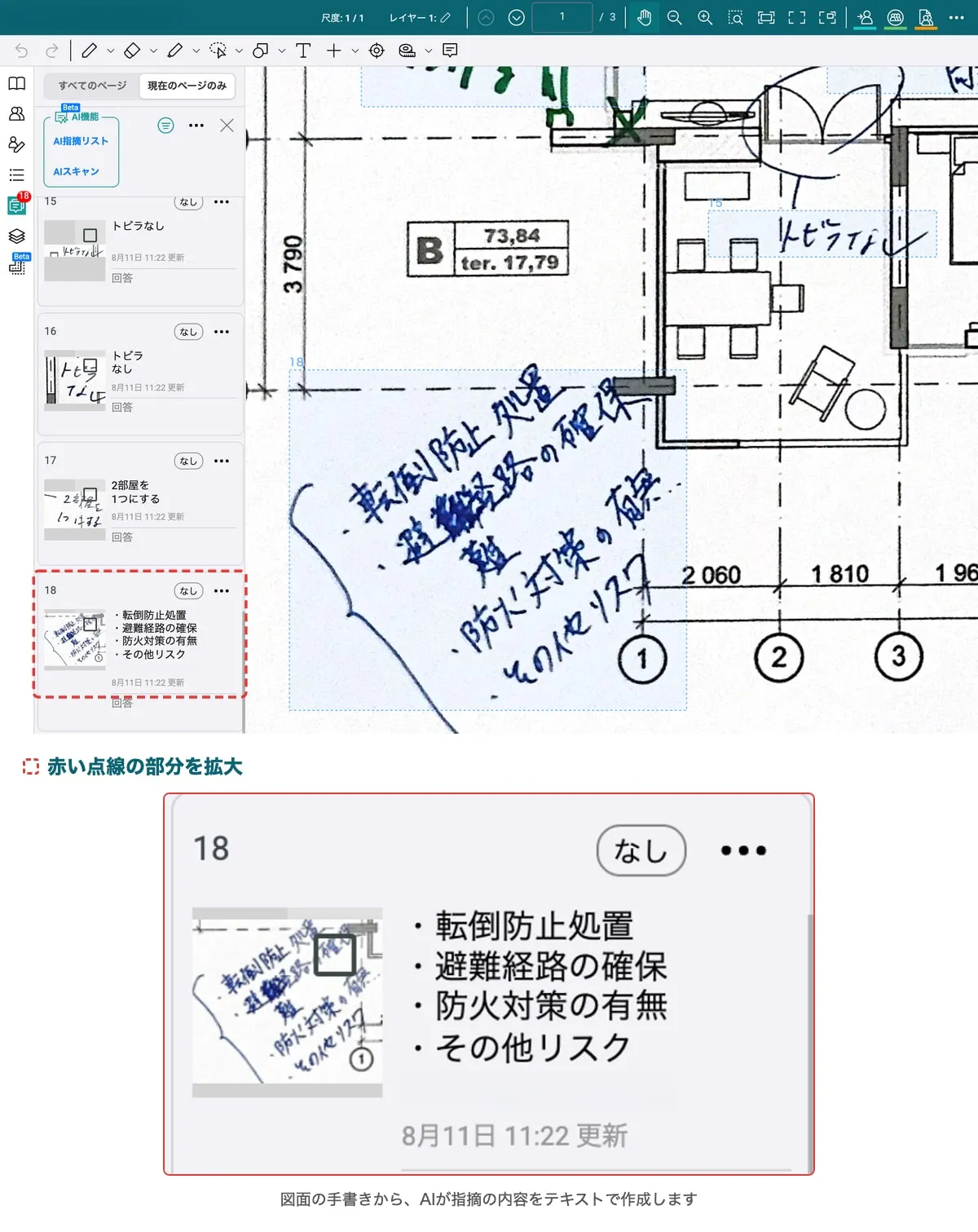 AIスキャンの実行画面と、AIが作成した指摘の拡大。図面の手書きから「転倒防止処置」「避難経路の確保」などの指摘がテキストで一覧に並んでいる